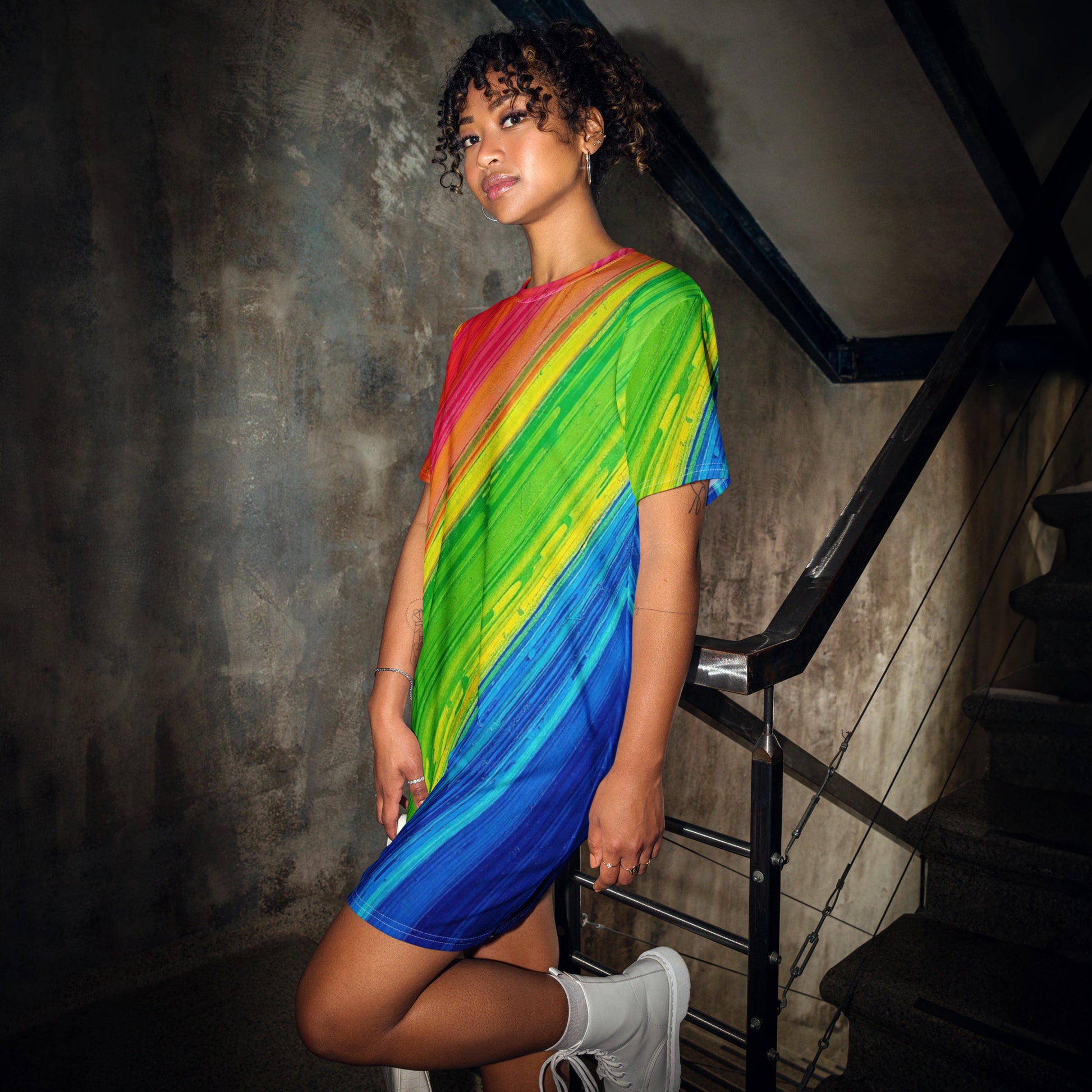Abstract Rainbow T-Shirt Dress - Colorful Diagonal Pattern - Comfortab Rainbow Studios Art Abstract Rainbow T-Shirt Dress - Colorful Diagonal Pattern - Comfortab Rainbow Studios Art