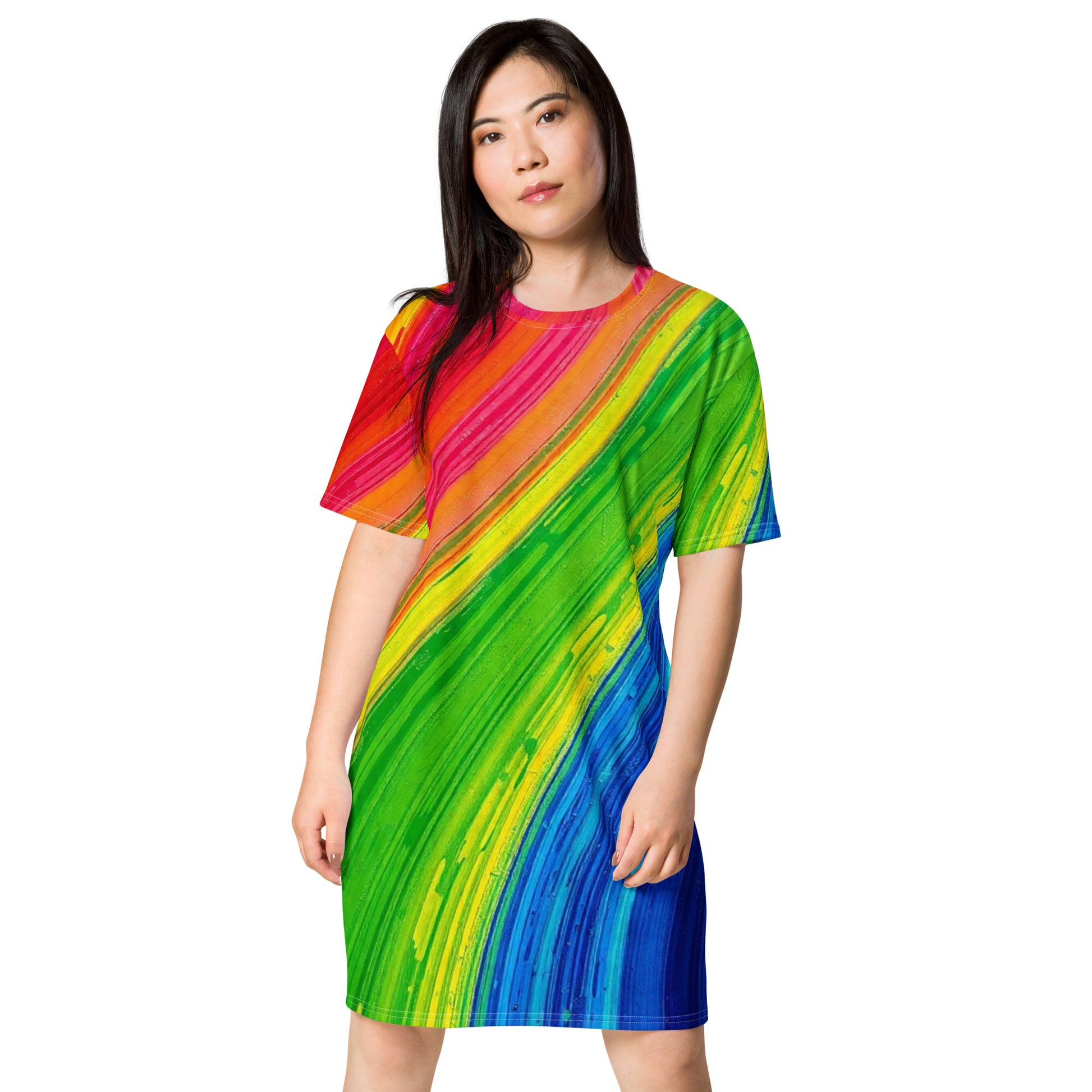 Abstract Rainbow T-Shirt Dress - Colorful Diagonal Pattern - Comfortab Rainbow Studios Art Abstract Rainbow T-Shirt Dress - Colorful Diagonal Pattern - Comfortab Rainbow Studios Art