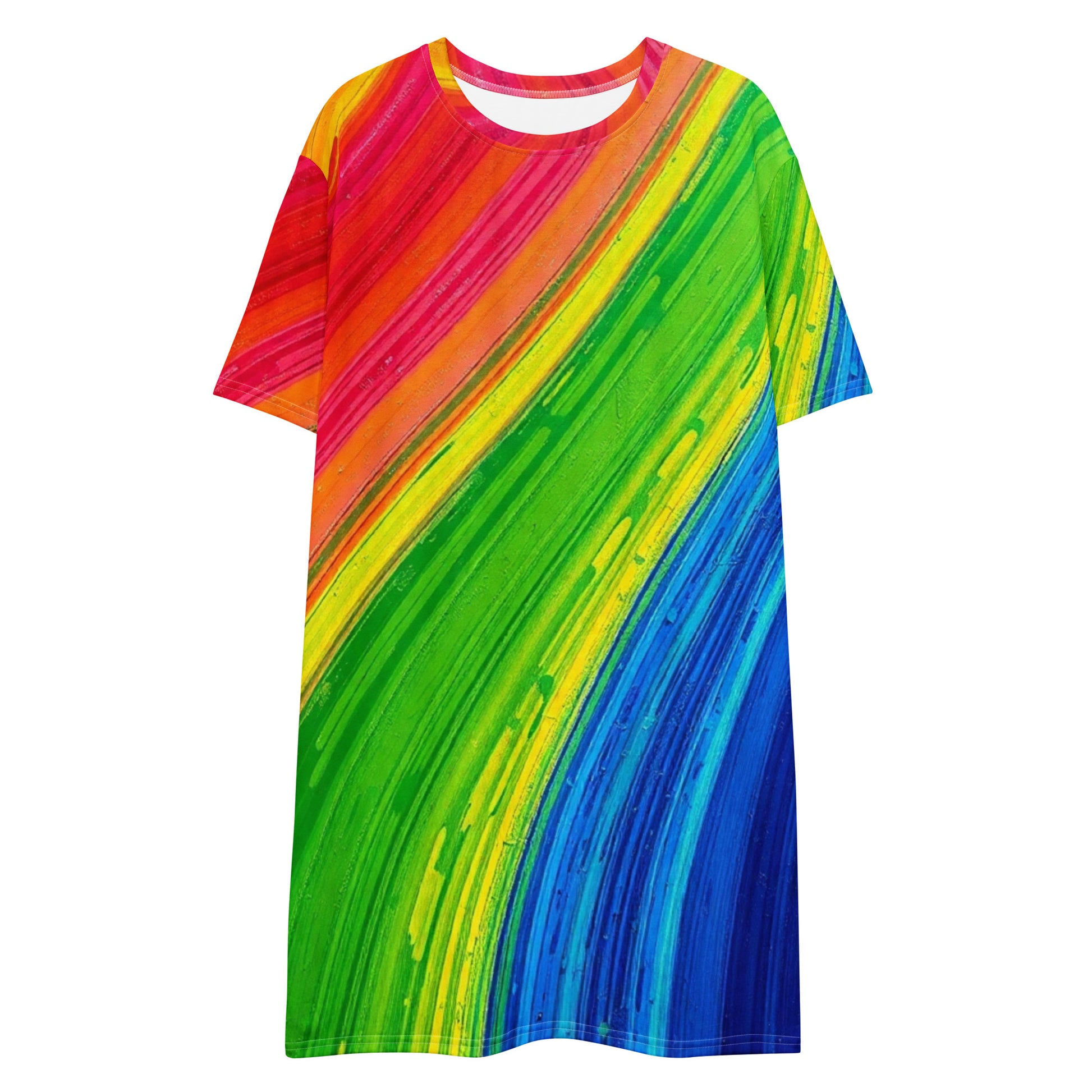 Abstract Rainbow T-Shirt Dress - Colorful Diagonal Pattern